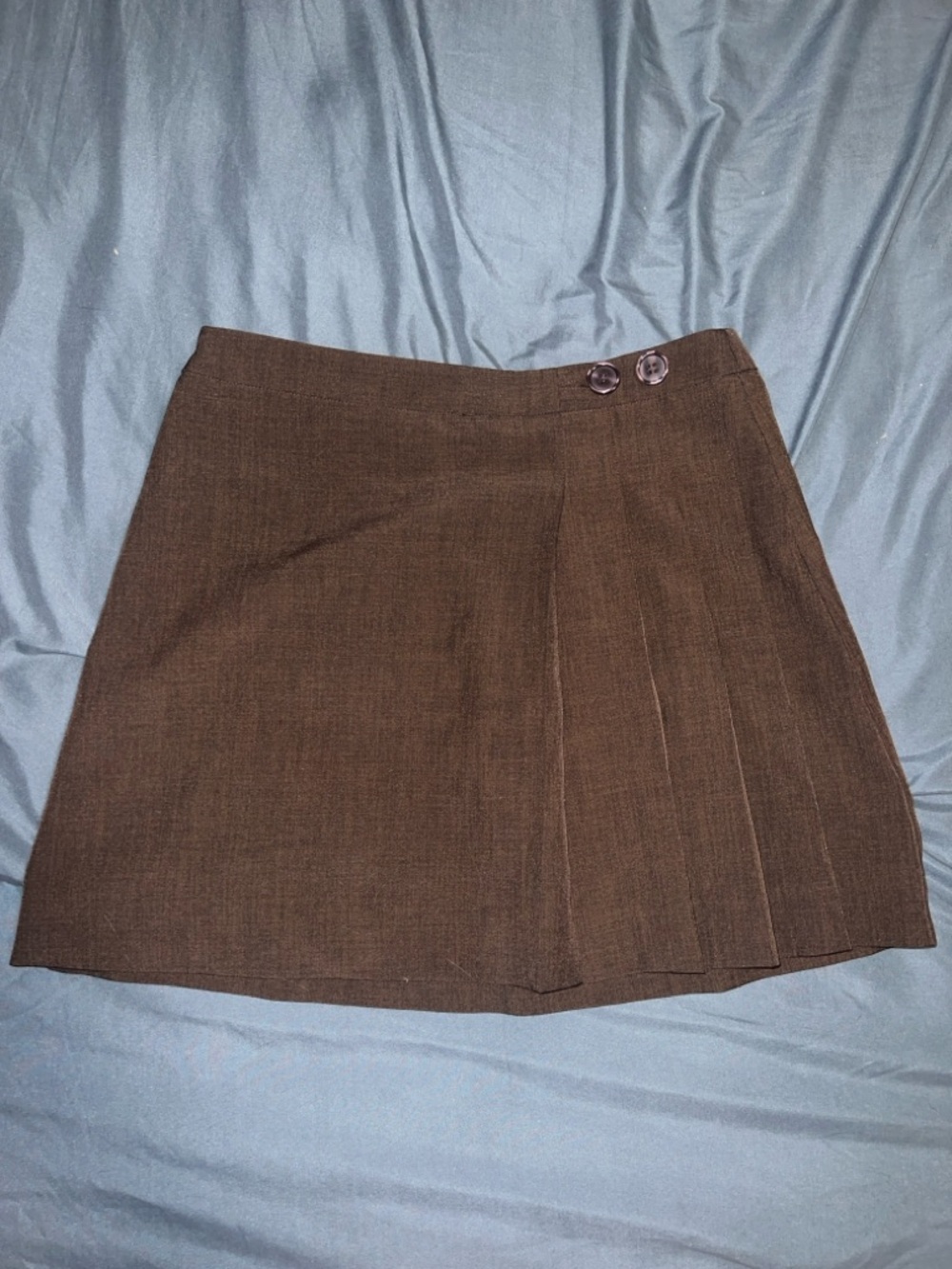 Pleated Brown Mini Skirt with Button Waist